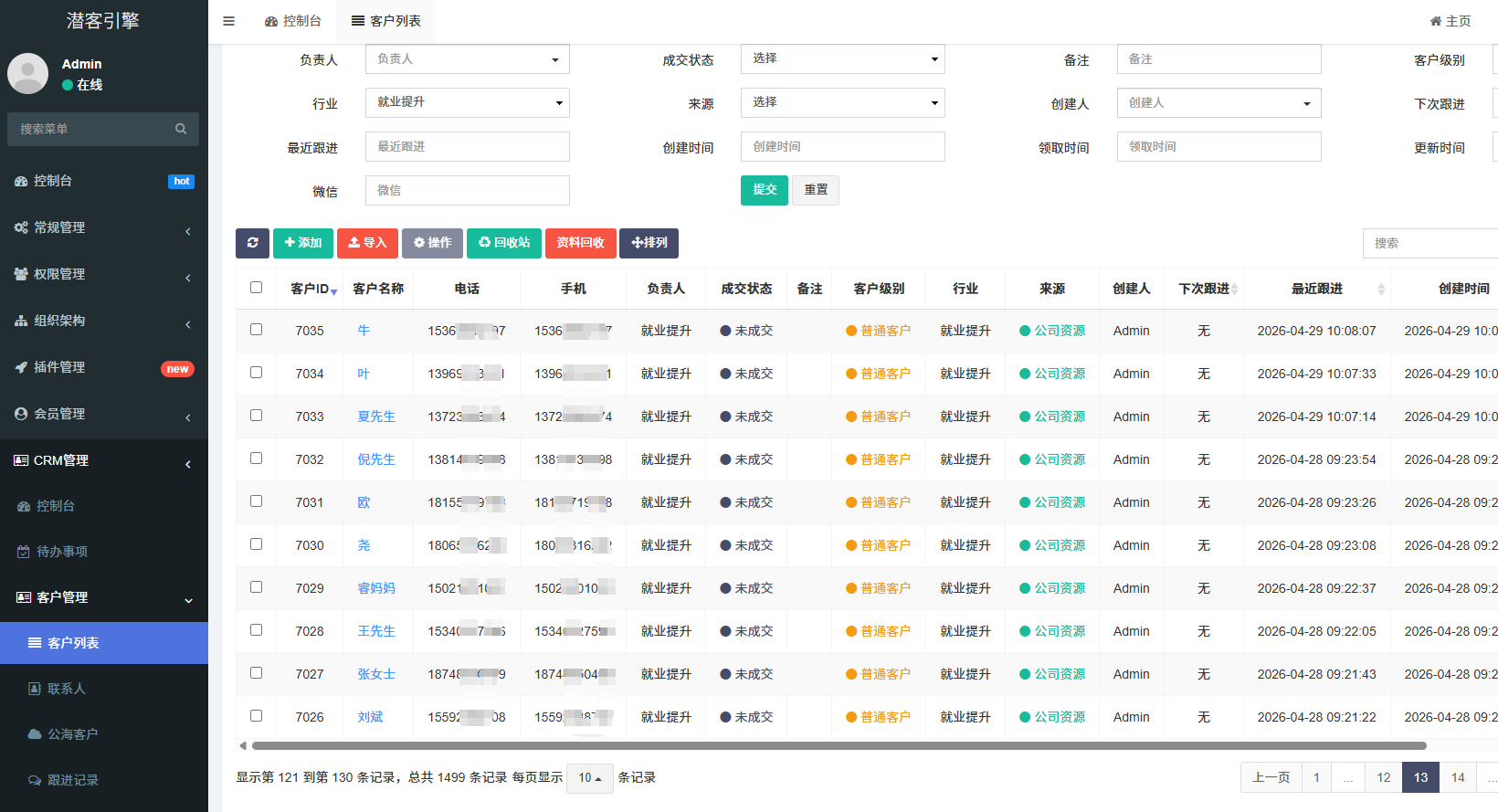 CRM系统后台数据截图
